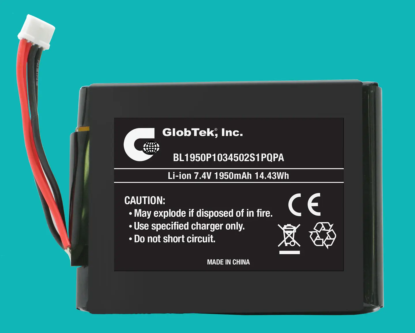 Li-Ion Prismatic Battery Pack from GlobTek, a 7.4V / 1950mAh  BL1950P1034502S1PQPA  Features UL 1642 Cell Approval and is designed to meet CE Mark which complies with 2004/108/EC Electromagnetic compatibility, including EN61000-6-1:2007, EN61000-6-3:2007!